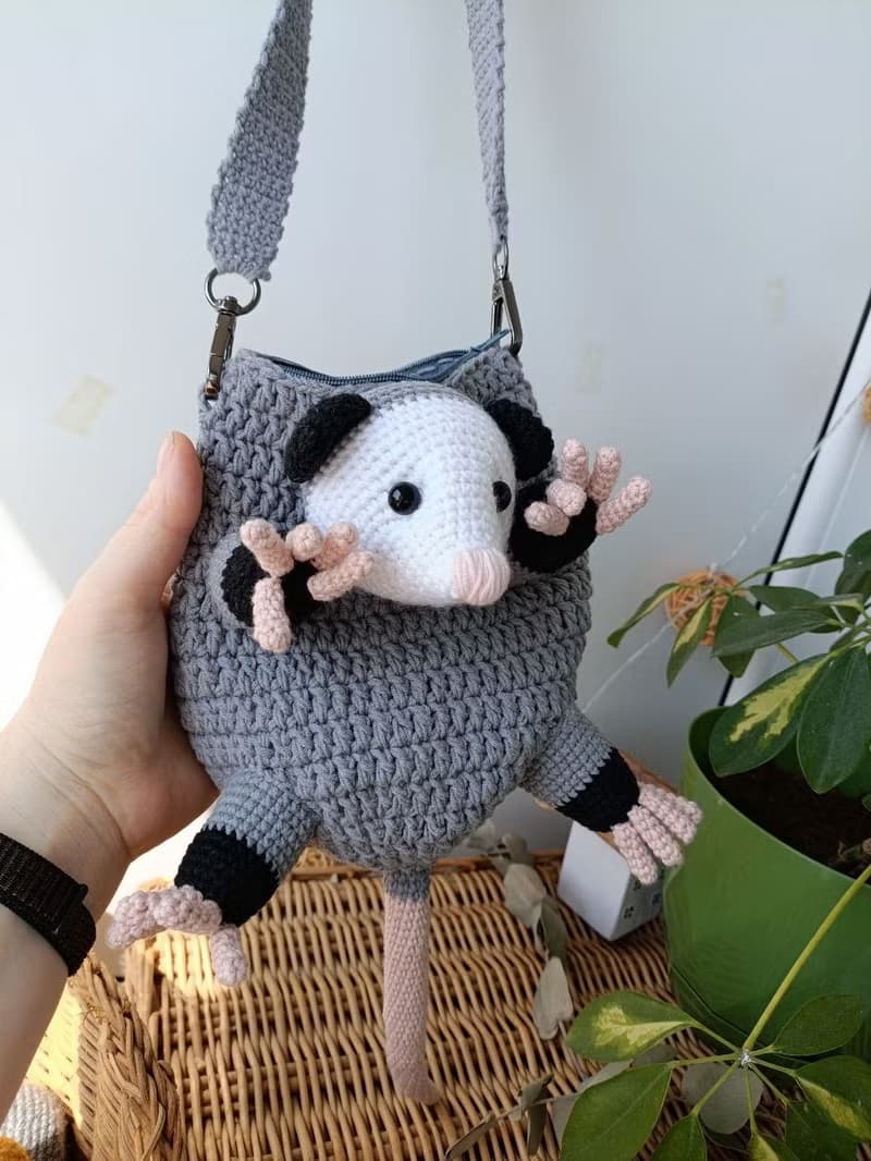 Adorable opossum bag perfect gift for lovers of original things, shoulder strap