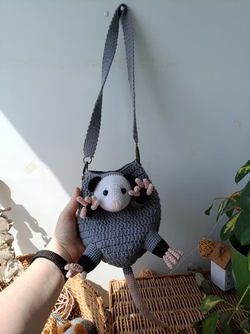 Adorable opossum bag perfect gift for lovers of original things, shoulder strap