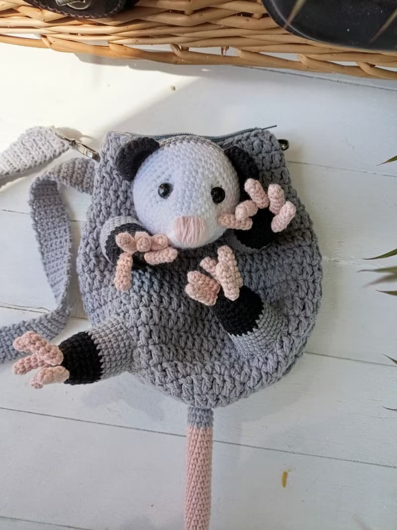 Adorable opossum bag perfect gift for lovers of original things, shoulder strap