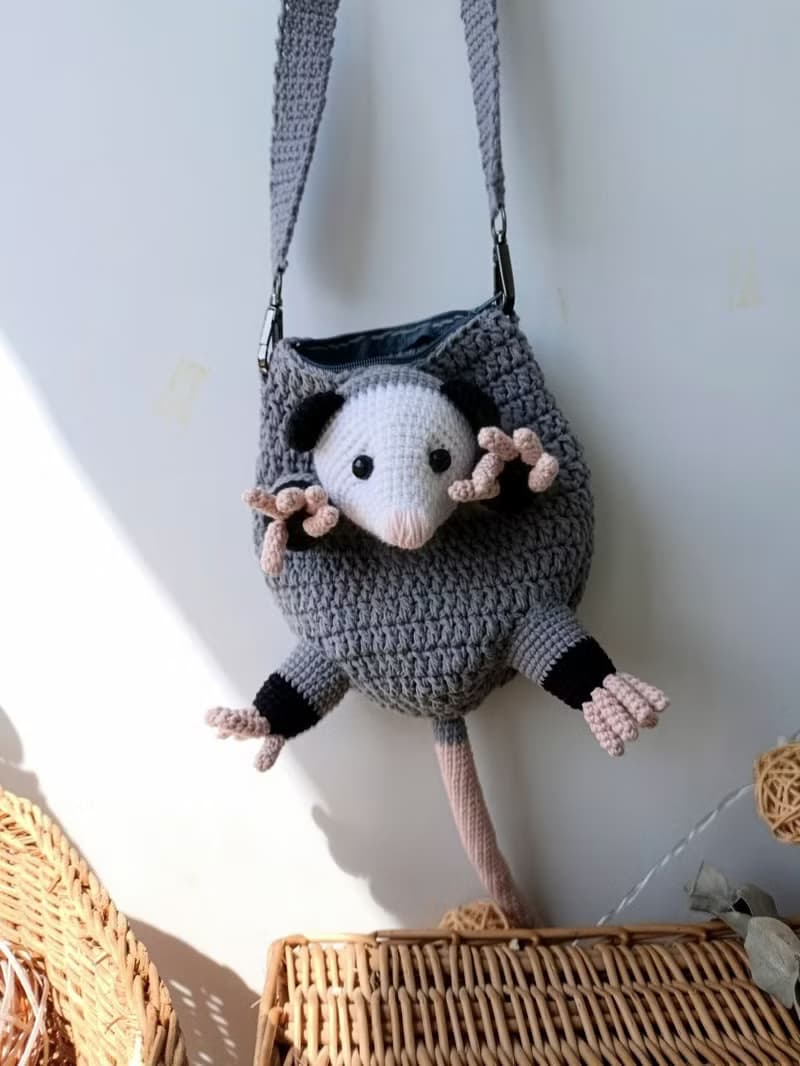 Adorable opossum bag perfect gift for lovers of original things, shoulder strap