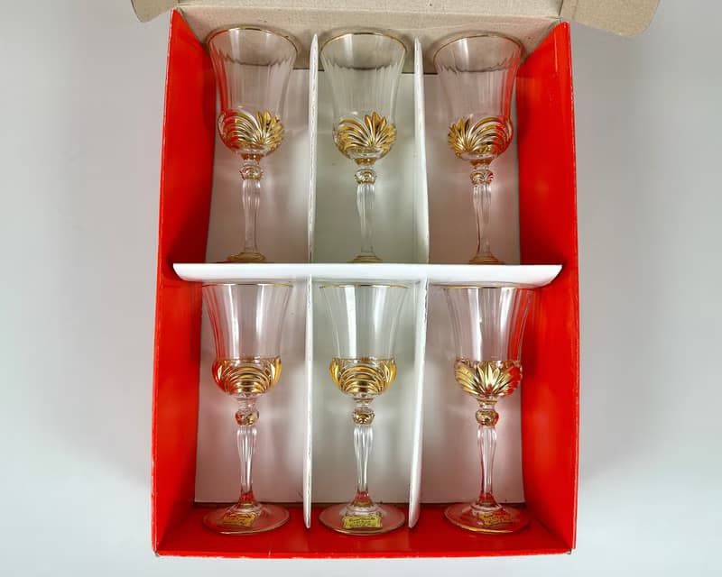 復古水晶酒杯 6 件裝 Cristal de Paris 金色鑲邊全新帶盒
