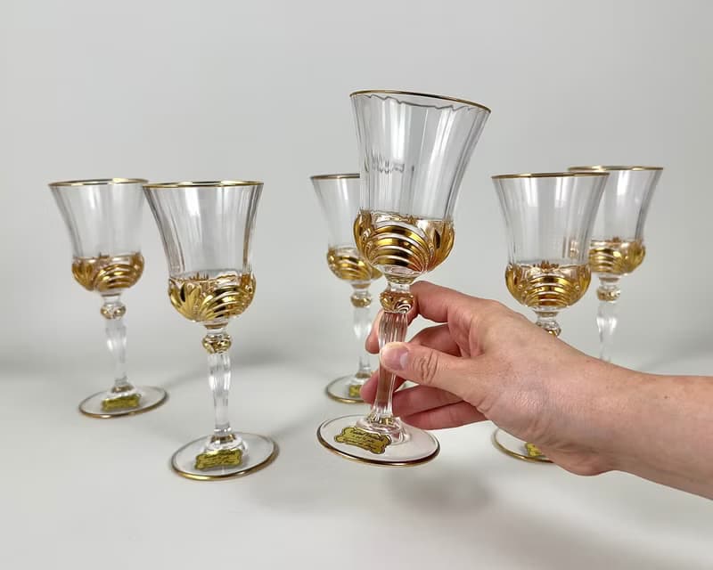 復古水晶酒杯 6 件裝 Cristal de Paris 金色鑲邊全新帶盒