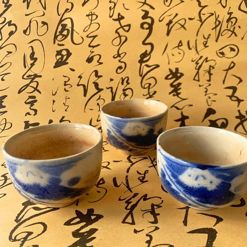 日本 富士山青花瓷杯組 │昭和時代 冰裂紋 開片 瓷器 收藏 老物