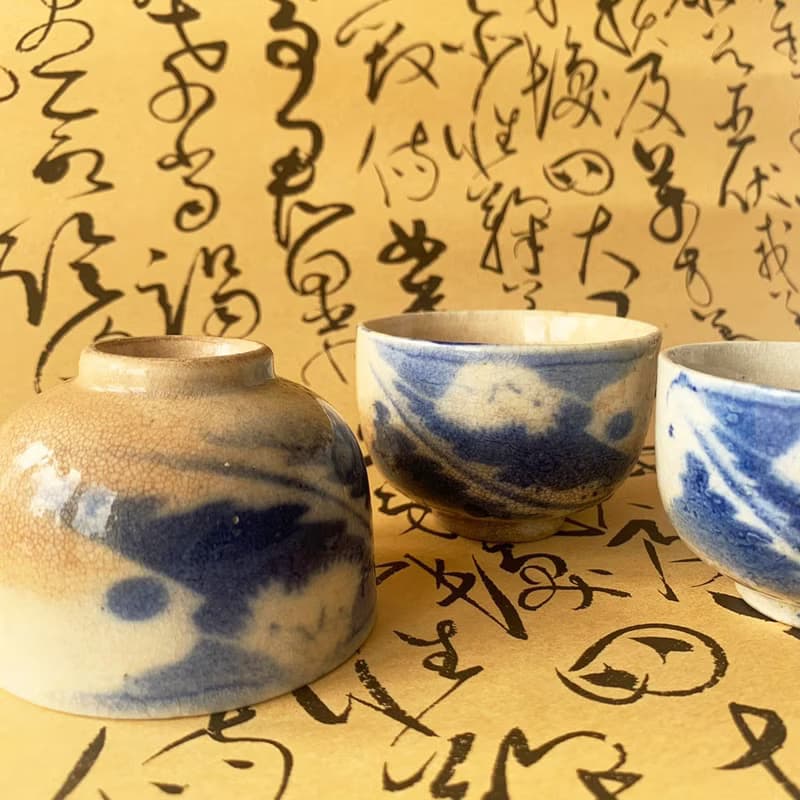 日本 富士山青花瓷杯組 │昭和時代 冰裂紋 開片 瓷器 收藏 老物