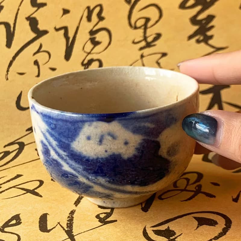 日本 富士山青花瓷杯組 │昭和時代 冰裂紋 開片 瓷器 收藏 老物