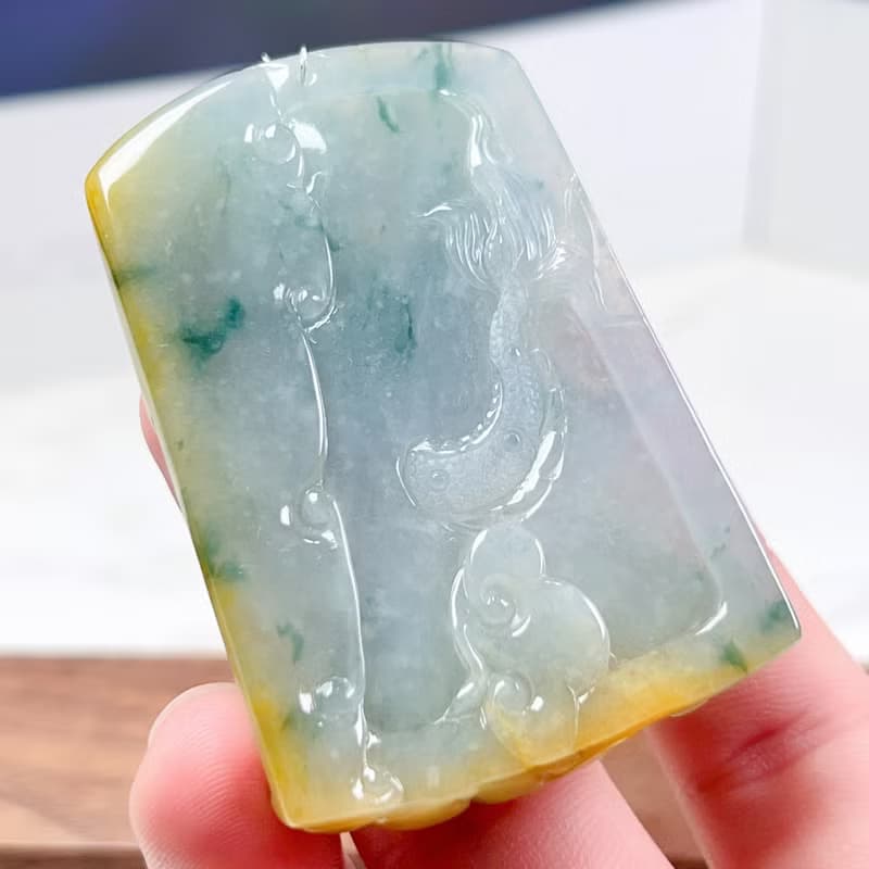 木拿冰三彩翡翠精雕霸王龍牌 | 天然緬甸玉翡翠A貨 | 送禮