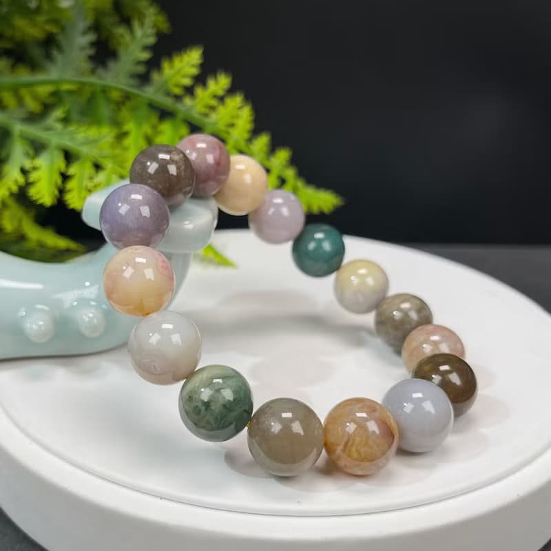 精品天然珊瑚玉手串冰潤玉化髮絲多彩鳳尾紋意境飄花手鏈13.5mm