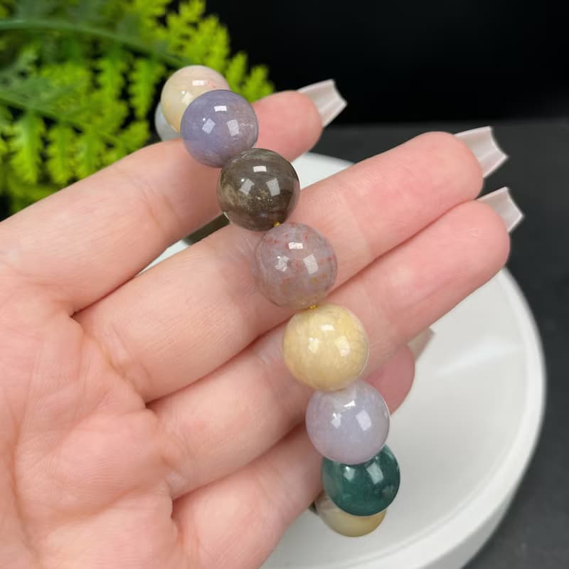 精品天然珊瑚玉手串冰潤玉化髮絲多彩鳳尾紋意境飄花手鏈13.5mm