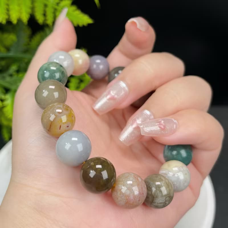 精品天然珊瑚玉手串冰潤玉化髮絲多彩鳳尾紋意境飄花手鏈13.5mm