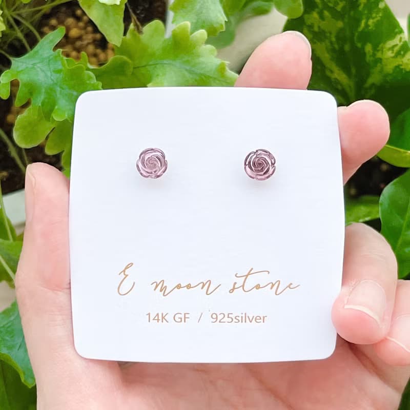 畢業級電氣石 玫瑰花碧璽半寶石耳針 純銀
