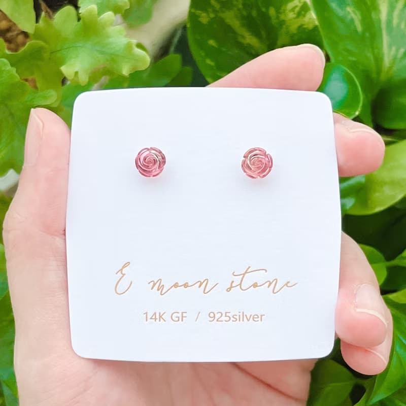 畢業級電氣石 玫瑰花碧璽半寶石耳針 純銀