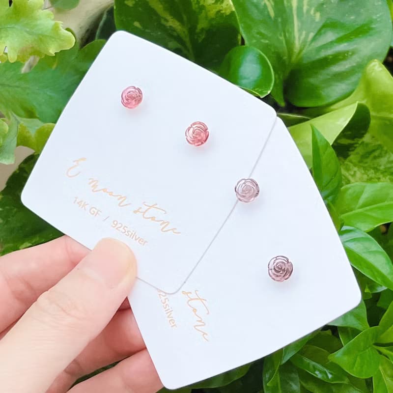畢業級電氣石 玫瑰花碧璽半寶石耳針 純銀