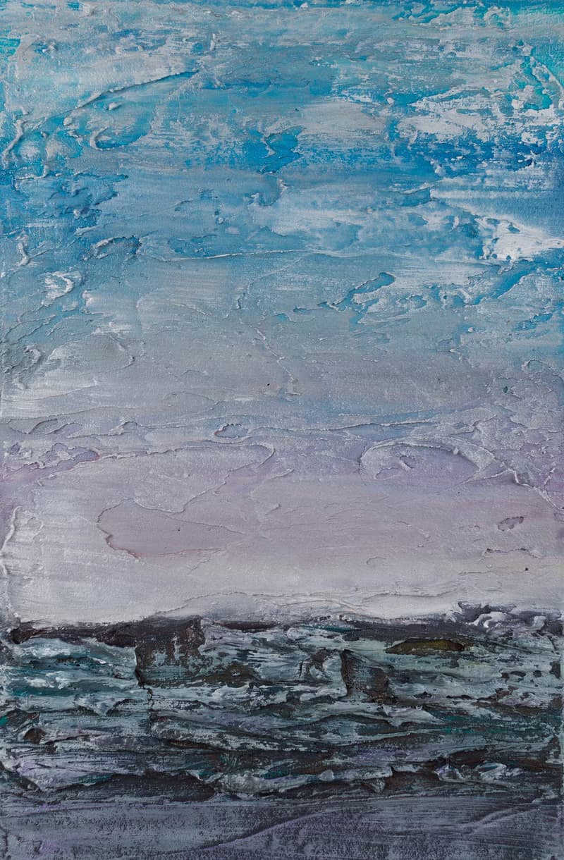 Small abstract painting from the artist, a landscape in blue and grey shades