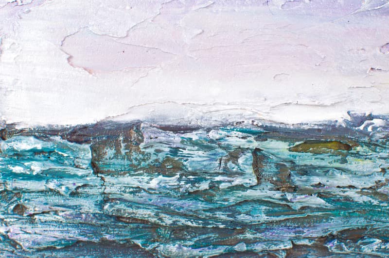 Small abstract painting from the artist, a landscape in blue and grey shades