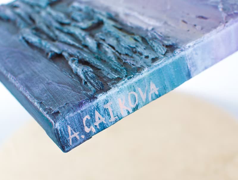 Small abstract painting from the artist, a landscape in blue and grey shades
