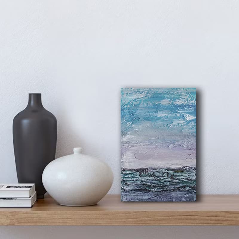 Small abstract painting from the artist, a landscape in blue and grey shades
