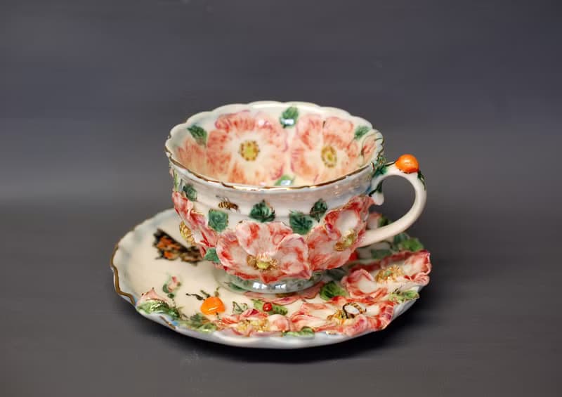 Porcelain Tea Set Mug and Saucer Flowers Bees Butterflies Berries Porcelain art