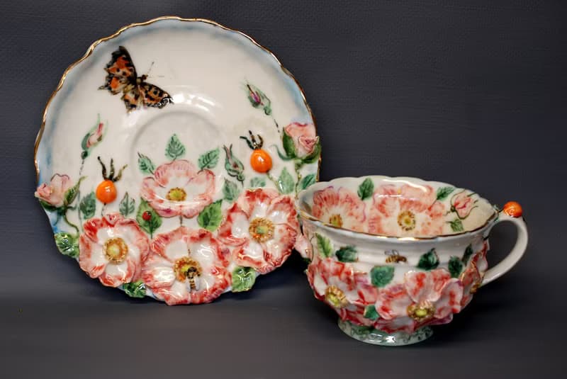 Porcelain Tea Set Mug and Saucer Flowers Bees Butterflies Berries Porcelain art