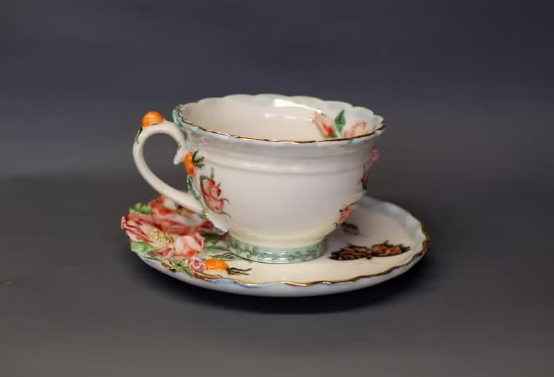 Porcelain Tea Set Mug and Saucer Flowers Bees Butterflies Berries Porcelain art