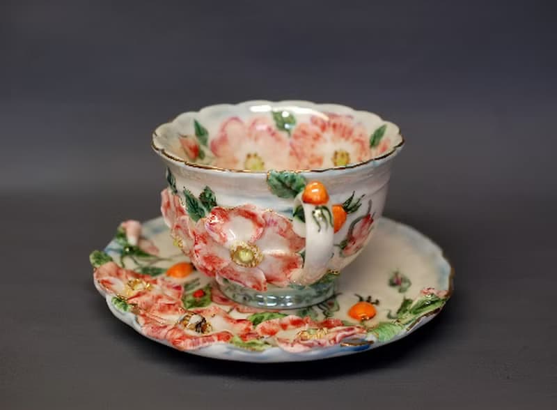 Porcelain Tea Set Mug and Saucer Flowers Bees Butterflies Berries Porcelain art