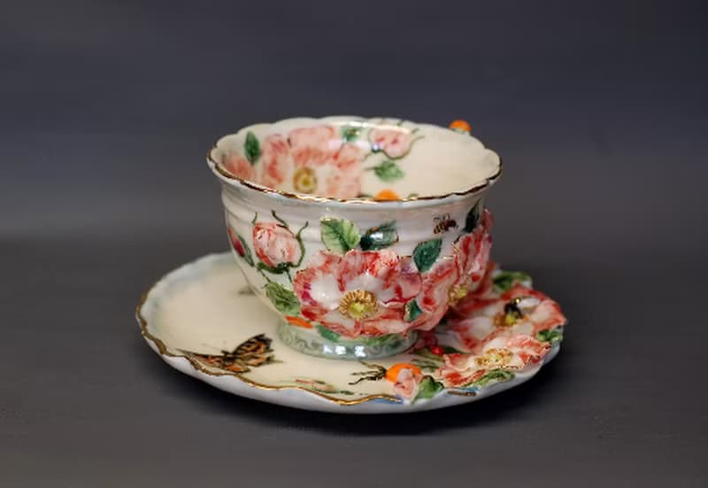 Porcelain Tea Set Mug and Saucer Flowers Bees Butterflies Berries Porcelain art