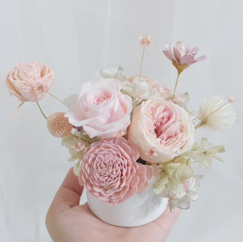 櫻花紛飛粉白玫瑰永生盆花 結婚捧花永生乾燥花畢業謝師禮物生日