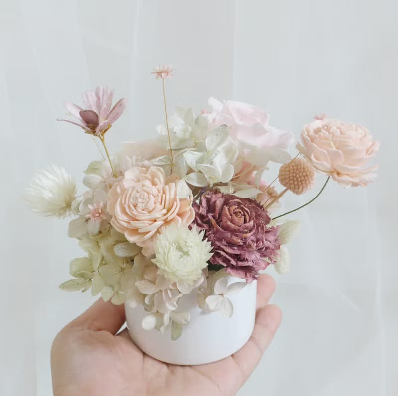 櫻花紛飛粉白玫瑰永生盆花 結婚捧花永生乾燥花畢業謝師禮物生日