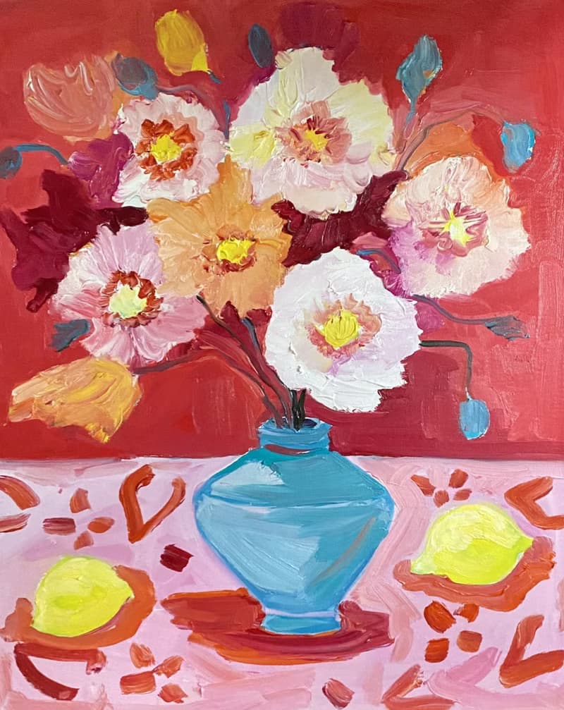 Still life with Poppies on a pink tablecloth, Original oil painting on canvas