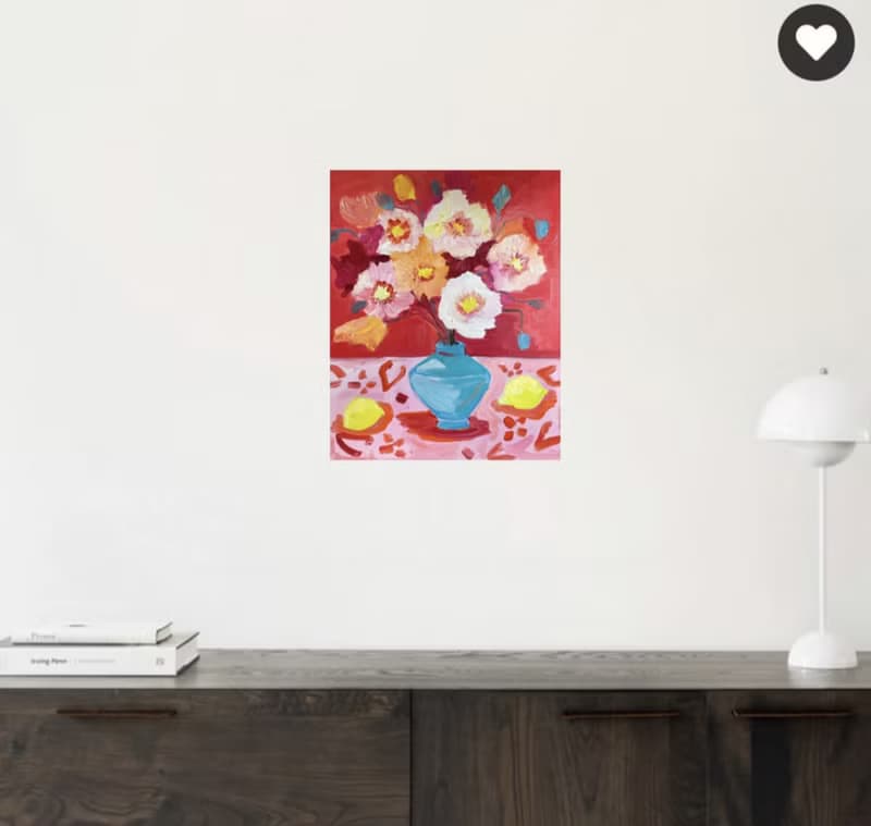 Still life with Poppies on a pink tablecloth, Original oil painting on canvas