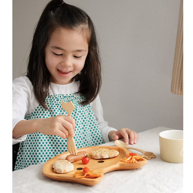 【SPICE】日本 PETIT'S MAMAN 天然松木 兒童餐盤- 貓咪