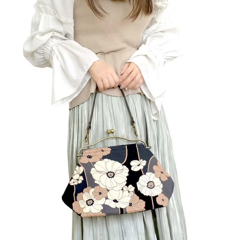 横長ベンリーがま口バッグ あねもね Anemone ハンドバッグ Frame Bag 牛革ハンドル付 日本製