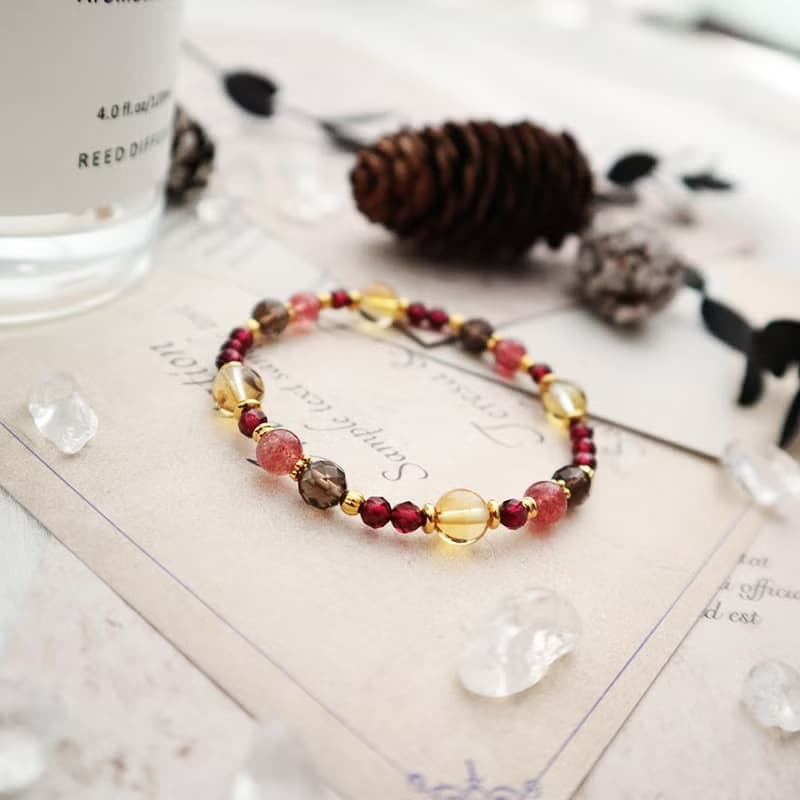 草莓晶-茶晶-黃水晶│黃銅 彈性線 手鍊