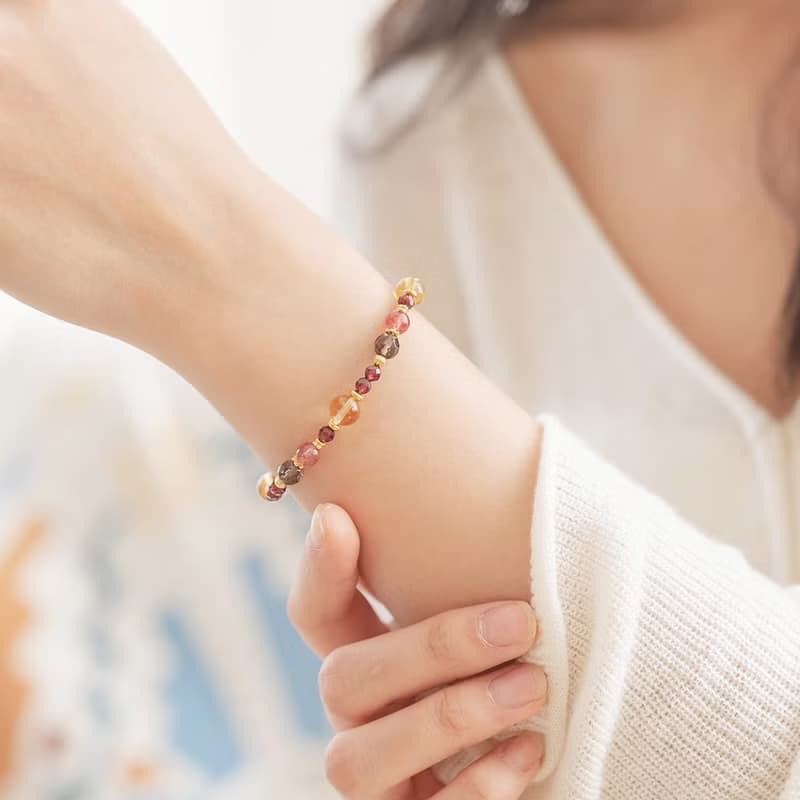 草莓晶-茶晶-黃水晶│黃銅 彈性線 手鍊