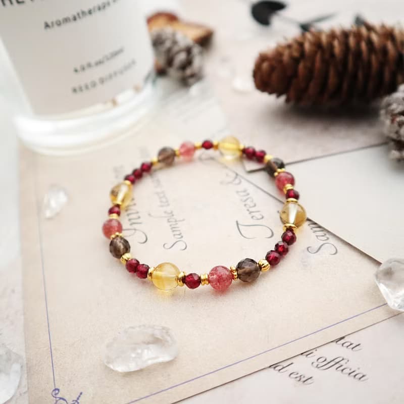 草莓晶-茶晶-黃水晶│黃銅 彈性線 手鍊