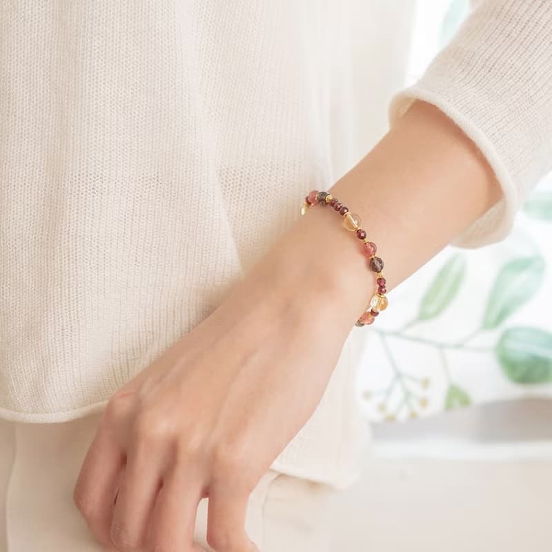 草莓晶-茶晶-黃水晶│黃銅 彈性線 手鍊