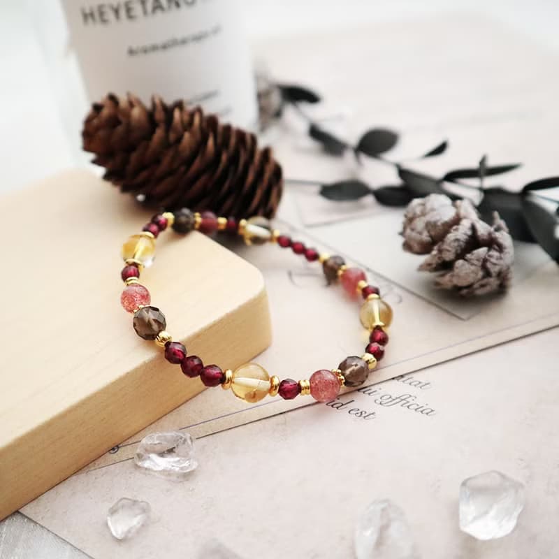 草莓晶-茶晶-黃水晶│黃銅 彈性線 手鍊