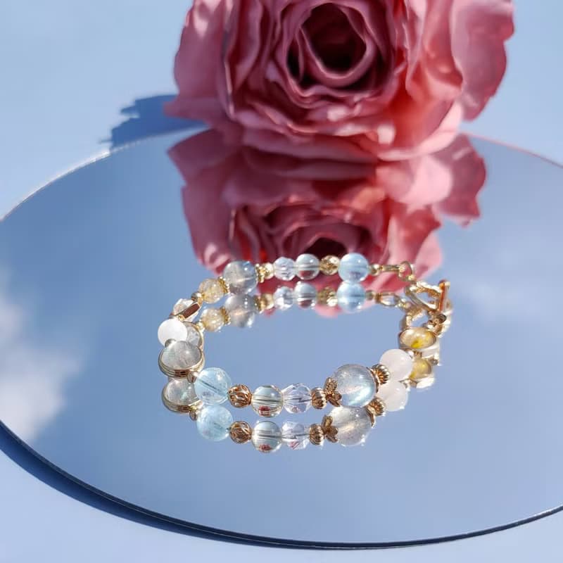 啖離騷。海水藍寶 拉長石 黃髮晶 14K包金 水晶礦石設計手鍊