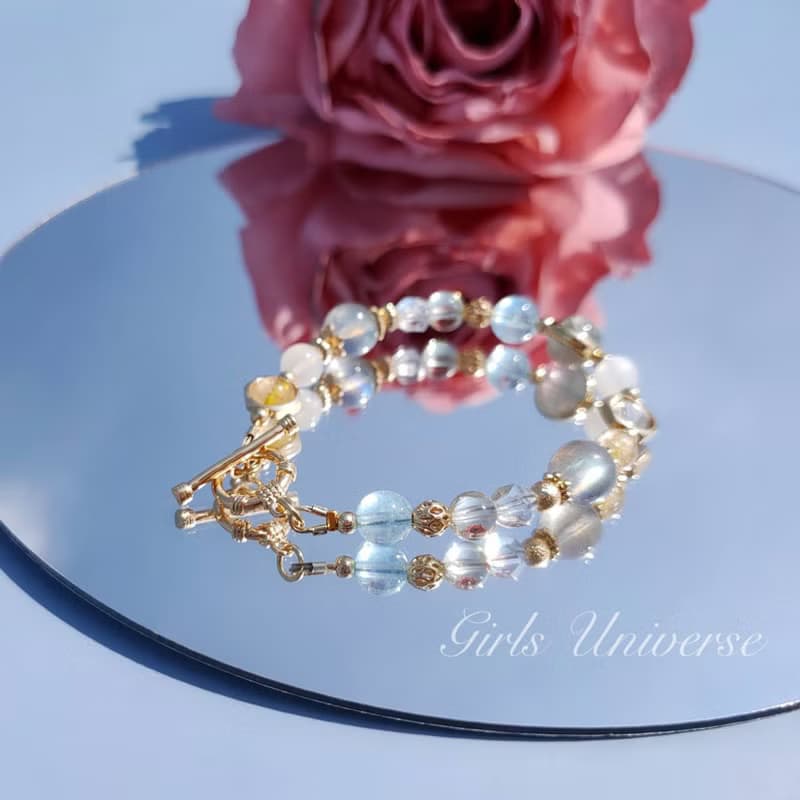 啖離騷。海水藍寶 拉長石 黃髮晶 14K包金 水晶礦石設計手鍊