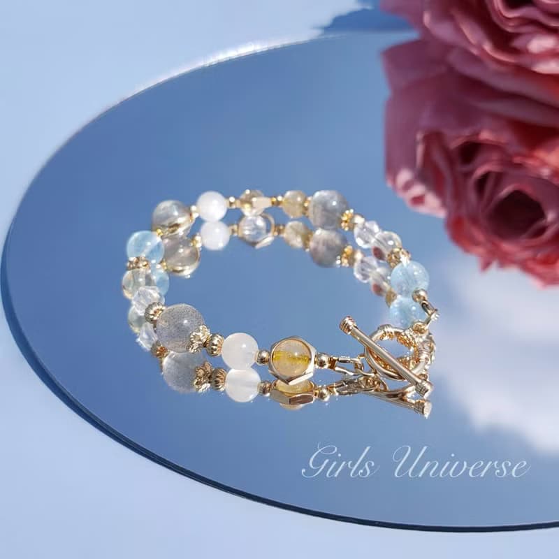 啖離騷。海水藍寶 拉長石 黃髮晶 14K包金 水晶礦石設計手鍊