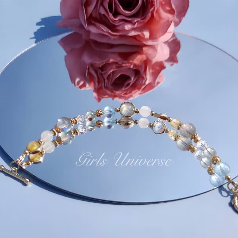 啖離騷。海水藍寶 拉長石 黃髮晶 14K包金 水晶礦石設計手鍊