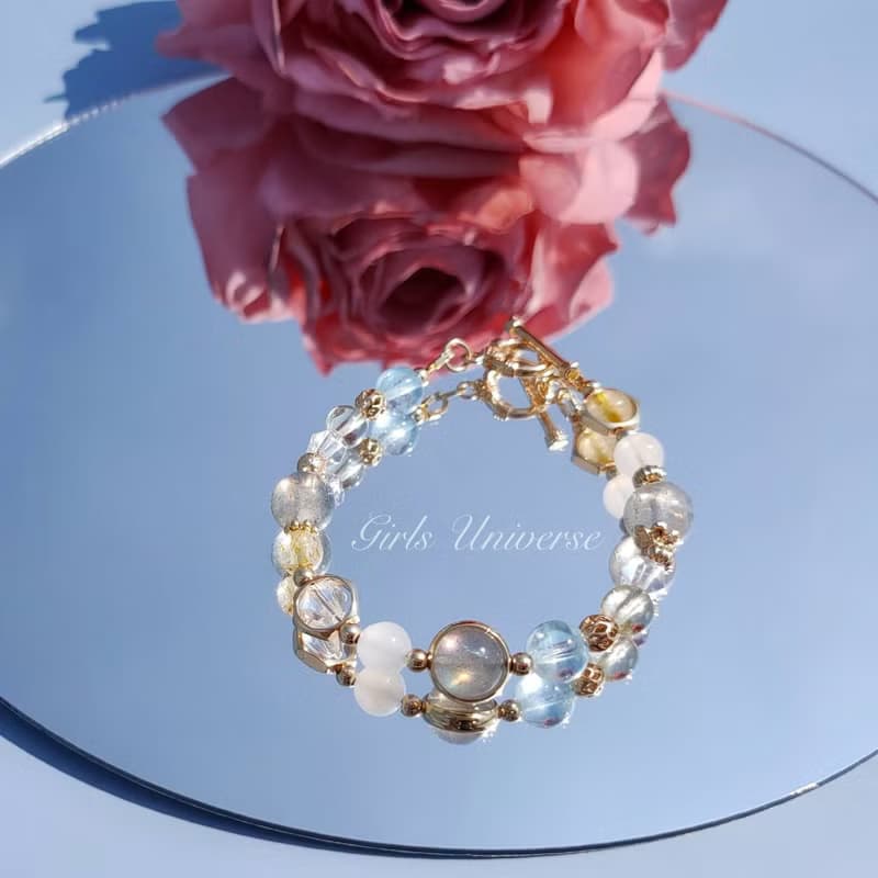 啖離騷。海水藍寶 拉長石 黃髮晶 14K包金 水晶礦石設計手鍊