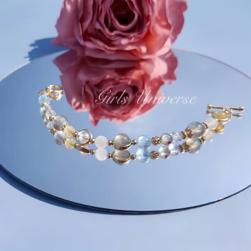 啖離騷。海水藍寶 拉長石 黃髮晶 14K包金 水晶礦石設計手鍊