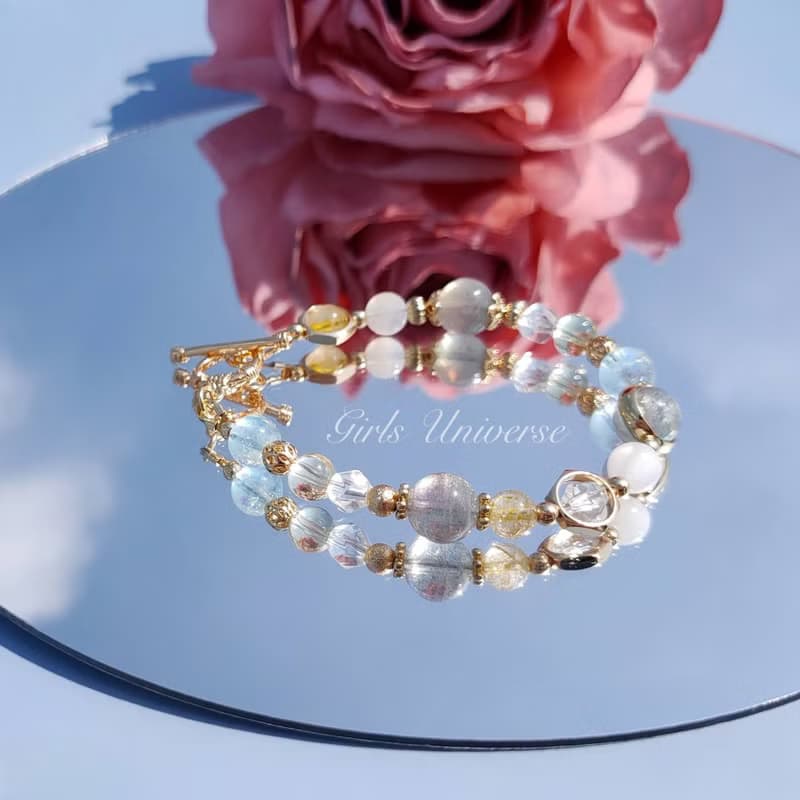 啖離騷。海水藍寶 拉長石 黃髮晶 14K包金 水晶礦石設計手鍊