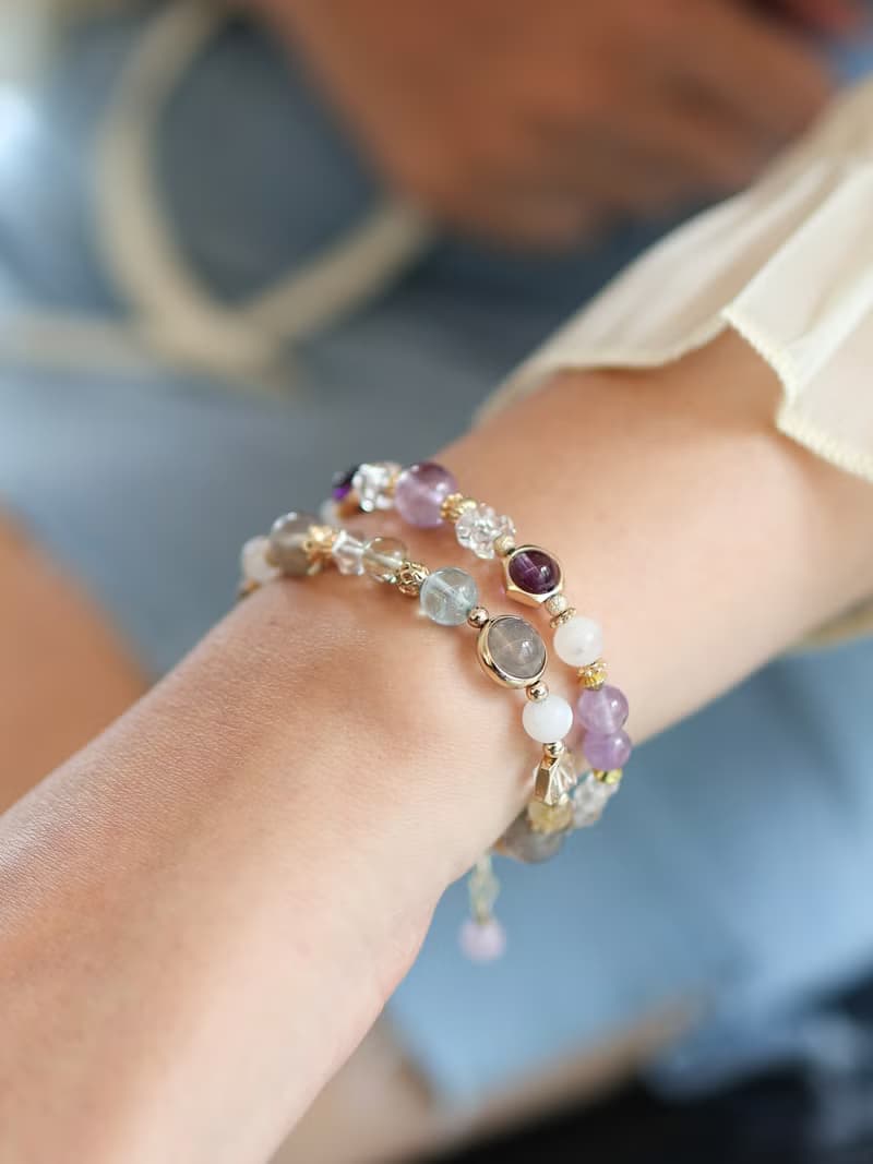 啖離騷。海水藍寶 拉長石 黃髮晶 14K包金 水晶礦石設計手鍊