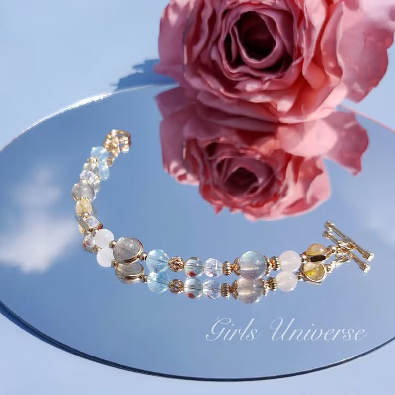 啖離騷。海水藍寶 拉長石 黃髮晶 14K包金 水晶礦石設計手鍊