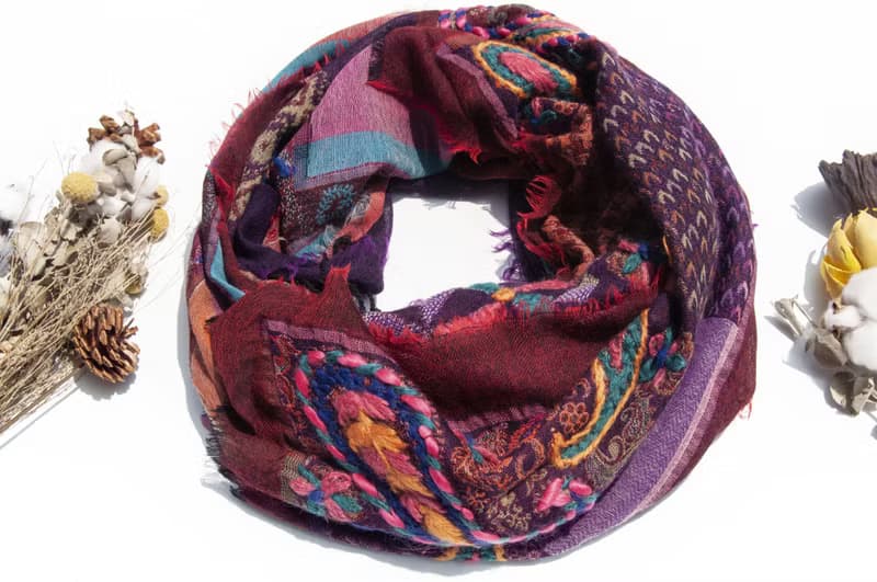 喀什米爾Cashmere/水煮羊毛披肩/針織圍巾/刺繡圍巾/羊絨披巾-花