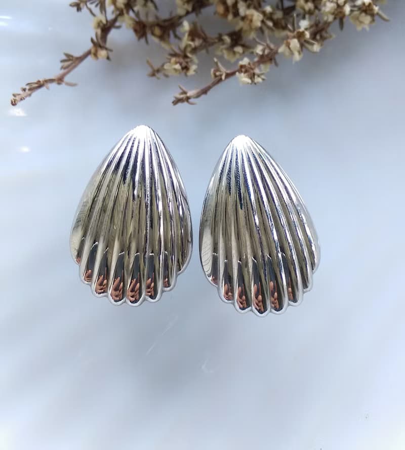 Vintage Jewelry 西洋古董飾品 銀色調 瑪德蓮造型 貝殼 夾式耳環