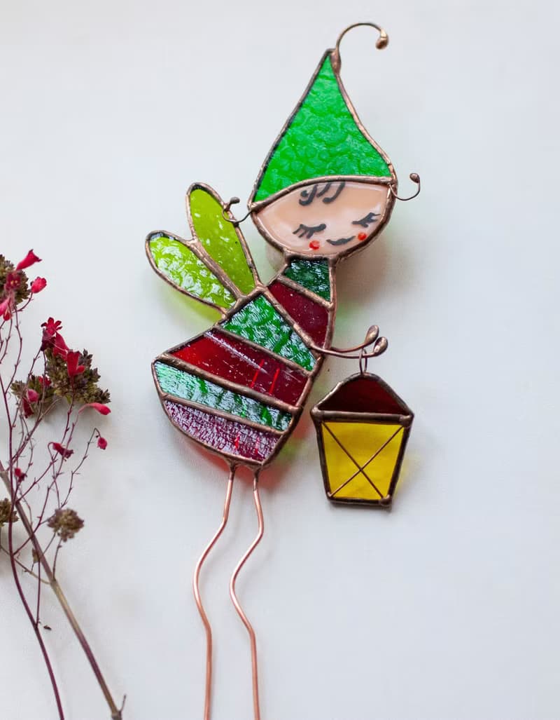 Flower Elf. Stained Glass decoration for flower pots. The Suncatcher