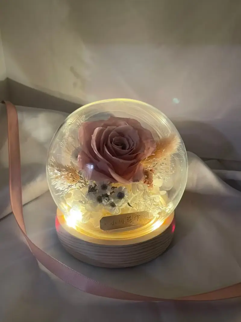 【永生花玻璃球夜燈】 輕甜粉 玻璃球10cm 生日禮物 母親節禮物
