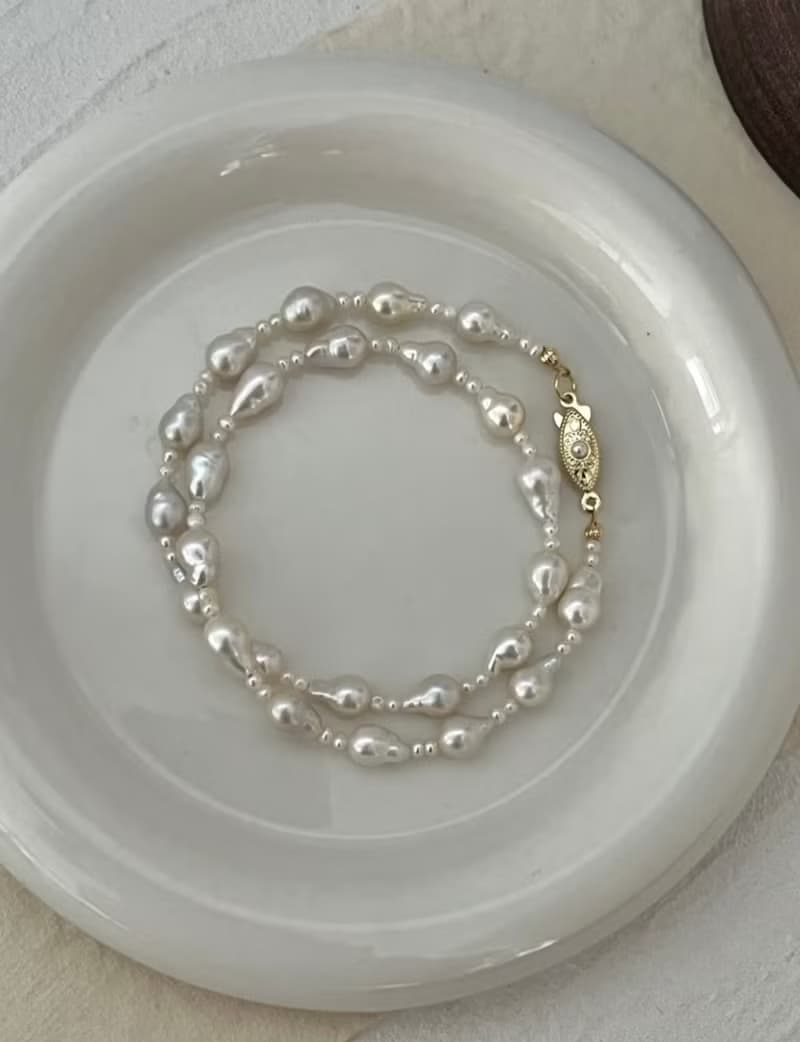 YuanPearl天然水滴型極光巴洛克珍珠設計款項鍊人魚淚眼18k包金配